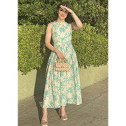 ZARA TURQUOISE FLORAL PRINT DARTED PLEATED MIDI BELTED DRESS SIZE S BNWT Los Angeles