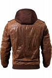 FLAVOR Men Brown Leather Motorcycle Jacket with Removable Hood Los Angeles