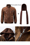 FLAVOR Men Brown Leather Motorcycle Jacket with Removable Hood Los Angeles