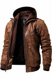 FLAVOR Men Brown Leather Motorcycle Jacket with Removable Hood Los Angeles