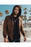 FLAVOR Men Brown Leather Motorcycle Jacket with Removable Hood Los Angeles