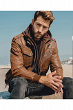 FLAVOR Men Brown Leather Motorcycle Jacket with Removable Hood Los Angeles