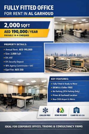 Fully Fitted 2,000 Sqft Office | Al Garhoud | DEWA & Chiller Free | AED 190K | 4 Cheques Dubai - photo 1