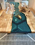 Turquoise resin river dining table from Lawrence